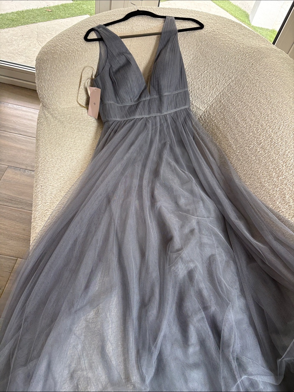 Jenny Yoo Gray V-Neck Tulle Maxi Dress